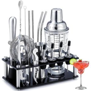 Cocktail Shaker Set Ohuhu 17-Piece Bartender Kit Bar Tool Set with Acrylic Stand Premium Soda-Lime Glass Drink Shaker with All Bar Accessories for Beginners Home Bar Parties