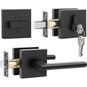Exterior Door Lock Set, Ohuhu Heavy Duty Deadbolt Lock- Entry Door Locksets with Deadbolt Matte Black Front Door Handle Modern Contemporary Square Sleek Design Zinc Alloy