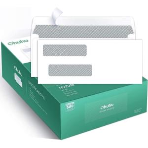 Ohuhu 500 Pack #8 Double Window Envelope SELF SEAL Adhesive Tinted Security Envelopes Quickbooks Check, Business Check, Documents Secure Mailing, 3 5/8″ x 8 11/16″, White Envelope(500)