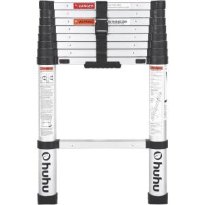 Ohuhu 8.5 FT Aluminum Telescoping Ladder, One-Button Retraction Heavy Duty Extension Ladder for Home, ANSI Certified Collapsible Ladders with Safe Slow Restoring for RV Roof Loft Silver