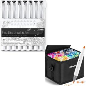 Ohuhu Fineliner Pens 8 Sizes Micro Pens Pigment Black Ink Waterproof Alcohol Proof and Ohuhu Alcohol Markers Brush Chisel Tips 120 Colors Art Markers