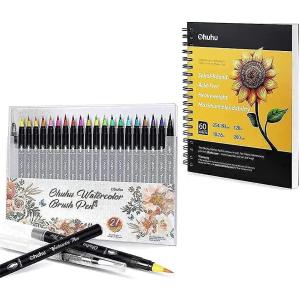 Ohuhu Watercolor Brush Markers Pen Set of 24 Marker Pads Art Sketchbook, 7.6″ ×10″ Large Paper Size