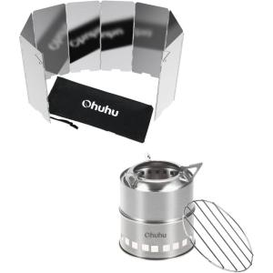Ohuhu Wood Burning Camp Stoves + 10 Plates Camp Stove Windscreen for Camping Picnic, Backpacking, Cooking