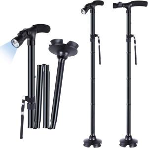 Walking Cane for Men Women: Ohuhu Walking Canes with LED Light Folding Walking Stick Adjustable Free Standing Canes with Wrist Strap Travel Bag for Seniors Adults(2 packs)