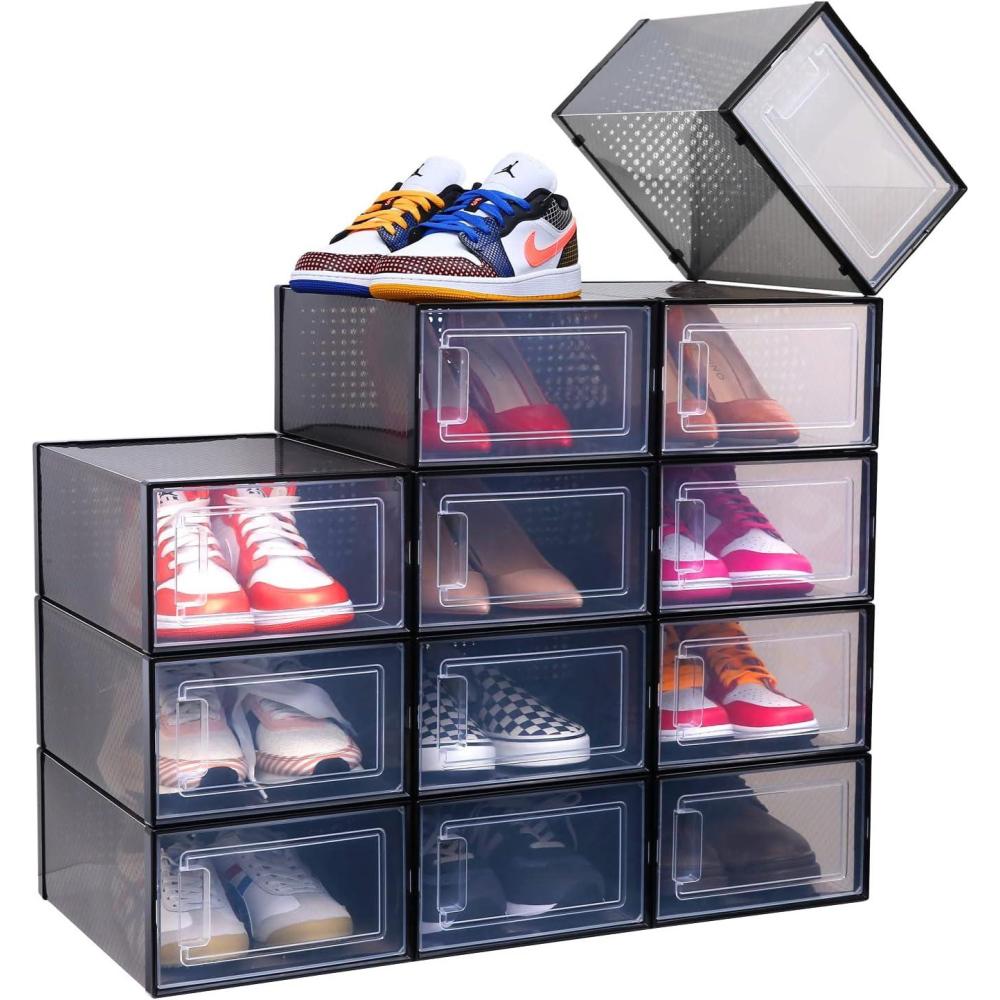 imageShoe Box Ohuhu 12 Pack Shoe Organizer High Quanlity Stackable Foldable Shoe Storage Clear Plastic Shoe Containers Drawer Type Front Opening for Underbed Closets and Entryway Fit up to US Size 95