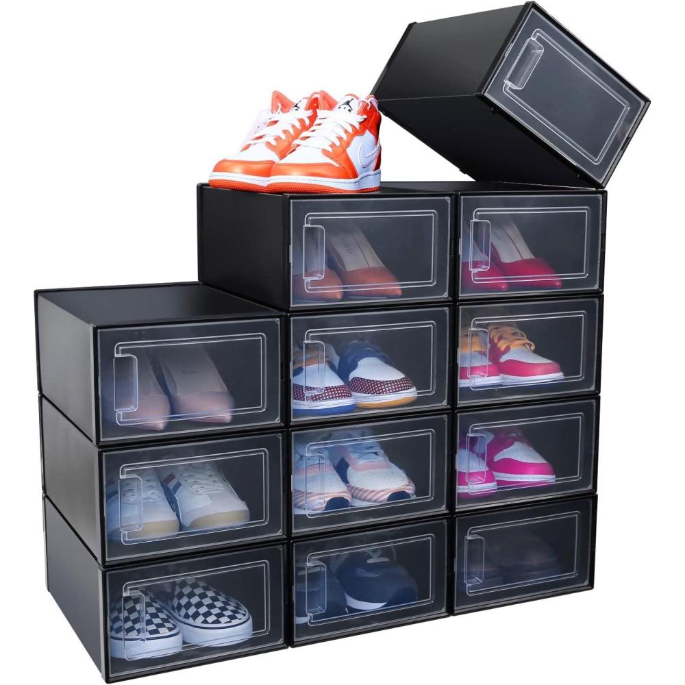 imageShoe Storage Organizer Ohuhu 12 Pack Shoe Box Stackable Foldable Sneaker Case Container Display Bins Boot Holder Drawer Type Front Opening Black Plastic for Closets and Entryway Fit up to US Size 95