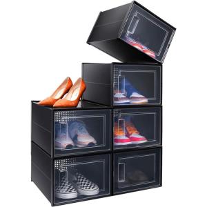 Ohuhu Shoe Box, Shoe Organizer, High Quanlity Stackable Foldable Shoe Storage, Clear Plastic Shoe Containers, Drawer Type Front Opening for Underbed Closets and Entryway (XL, Black)