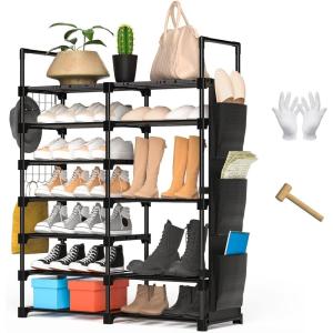 Ohuhu Shoe Rack, 7 Tiers 30 Pairs Metal Black Shoe Shelf Racks Boot Shoes Organizer Storage Free Standing Shoe Tower for Closet Entryway or Outdoor with 2 Side Hooks 3 Pockets Bag Room Organizer
