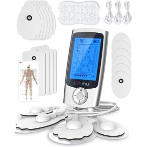 Ohuhu Tens Unit Muscle Stimulator: 24 Modes Rechargeable Tens Stimulator Machine-16 Pads Electric EMS Unit Massager Acupoint Map Included for Back Shoulder Legs Pain Relief Mother Father Gift-Silver