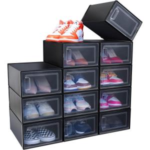 Shoe Storage Organizer, Ohuhu 12 Pack Shoe Box Stackable Foldable Sneaker Case Container Display Bins Boot Holder Drawer Type Front Opening Black Plastic for Closets and Entryway Fit up to US Size 9.5