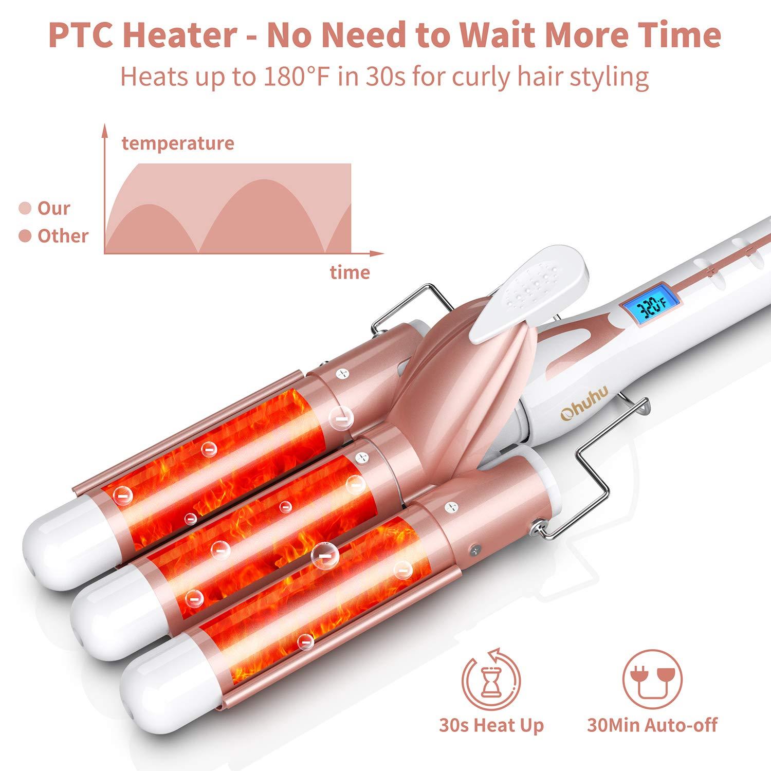 image3 Barrel Curling Iron Wand Ohuhu 1 Inch Ceramic Tourmaline Triple Barrels Hair Waver Curling Iron Temperature Adjustable Hair Waver Heats Up Quickly with LCD Temp Display Rose Gold Christmas Gift