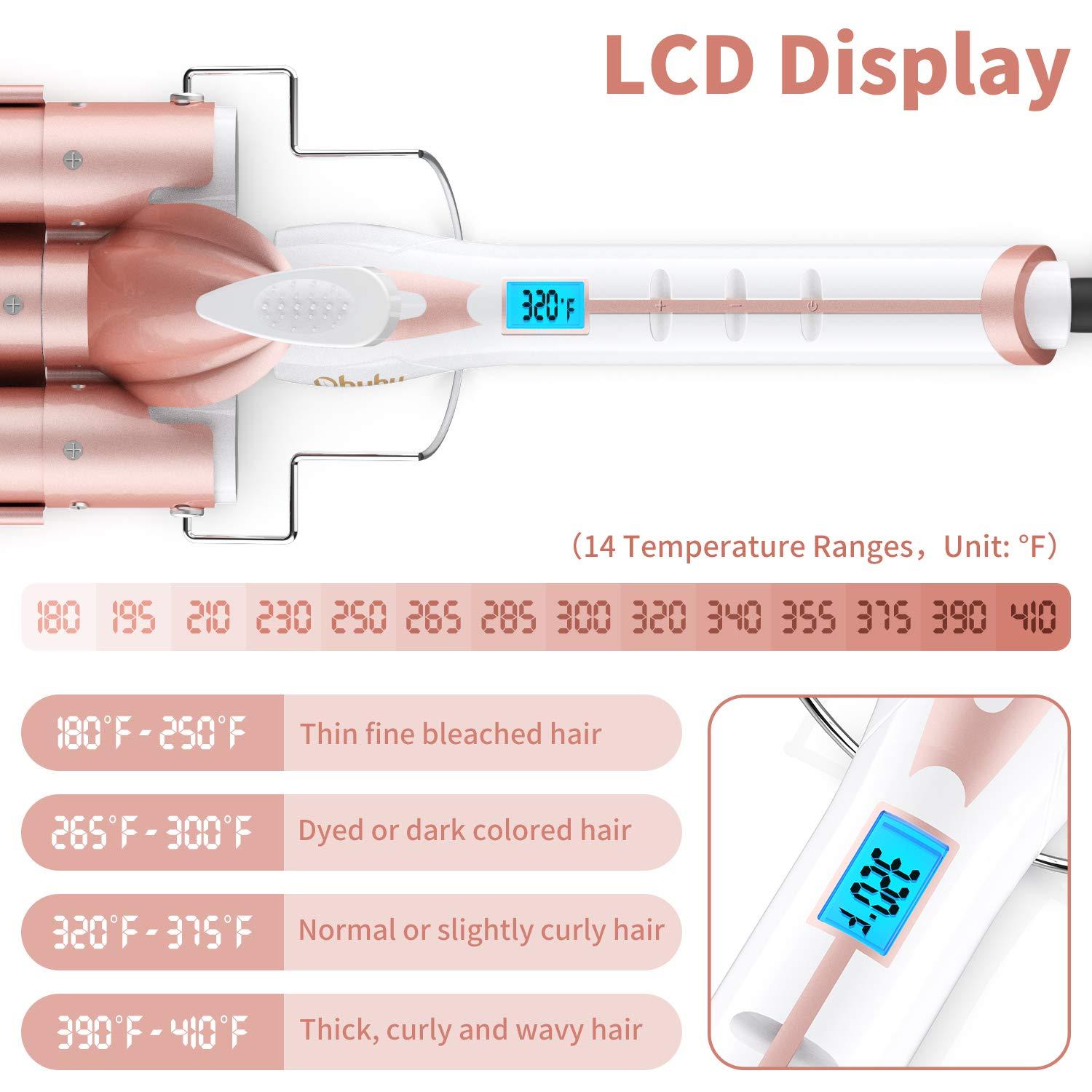 image3 Barrel Curling Iron Wand Ohuhu 1 Inch Ceramic Tourmaline Triple Barrels Hair Waver Curling Iron Temperature Adjustable Hair Waver Heats Up Quickly with LCD Temp Display Rose Gold Christmas Gift