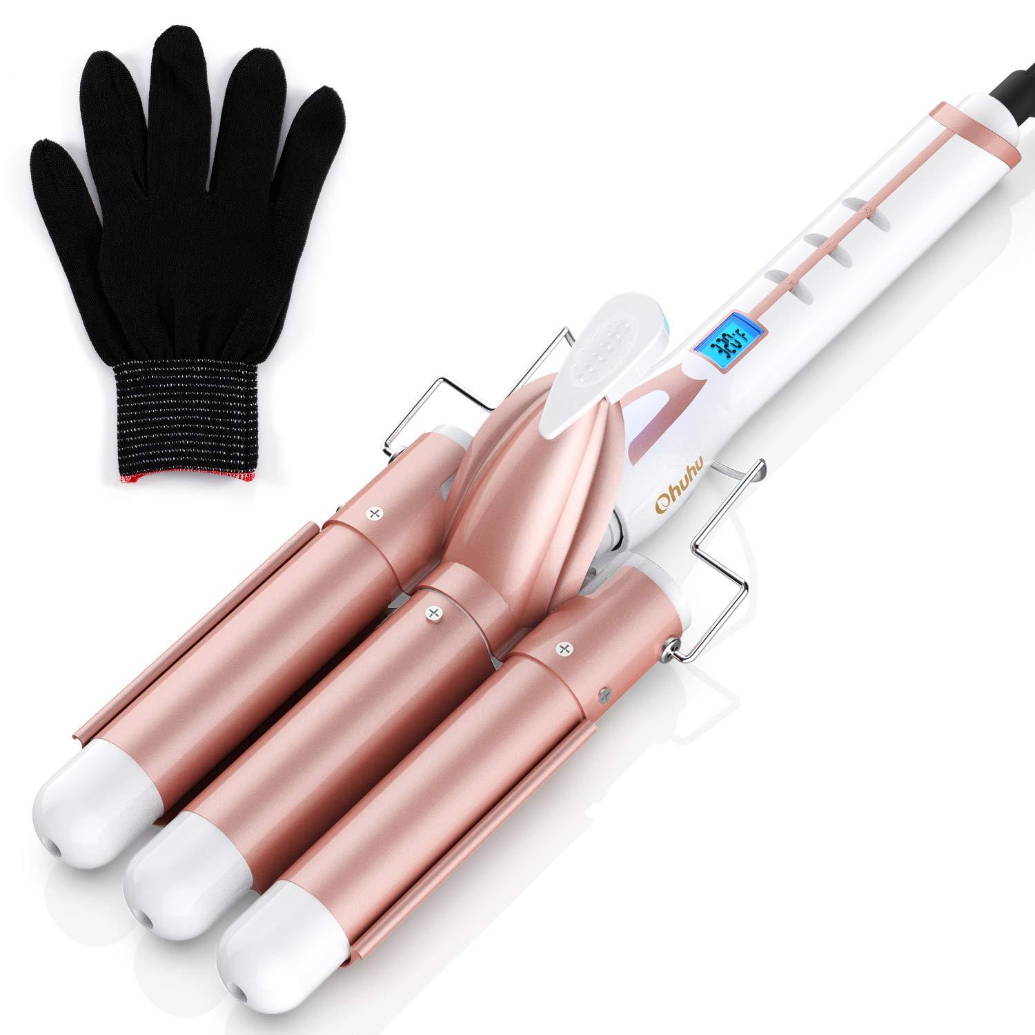 image3 Barrel Curling Iron Wand Ohuhu 1 Inch Ceramic Tourmaline Triple Barrels Hair Waver Curling Iron Temperature Adjustable Hair Waver Heats Up Quickly with LCD Temp Display Rose Gold Christmas Gift