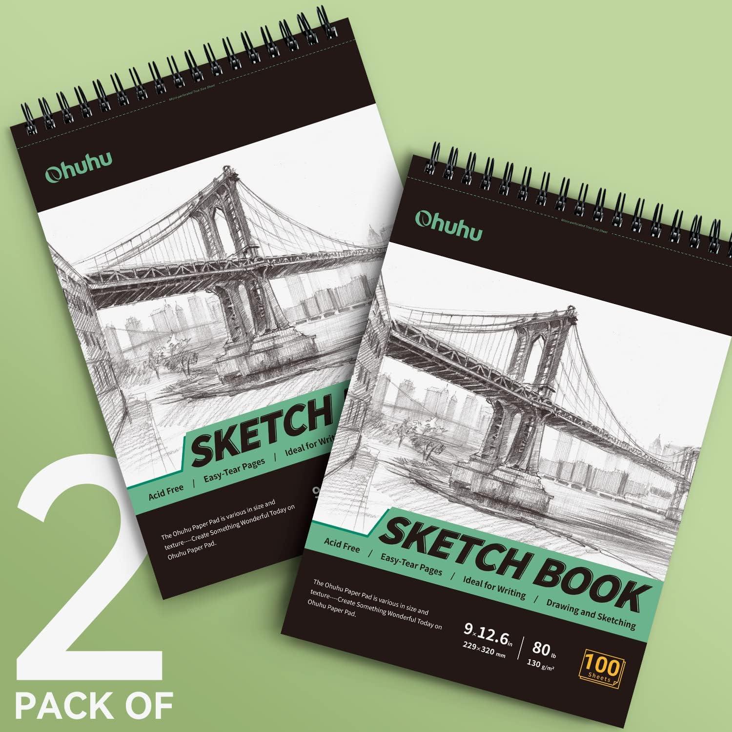 imageOhuhu 9x126 Sketch Book Premium Sketchbook 2 Packs x 100 Sheets 130 GSM 80 LB Thick Paper Spiral Bound AcidFree Sketch Pad for Sketching Drawing Colored Pencil Artists Beginners Adults Kids
