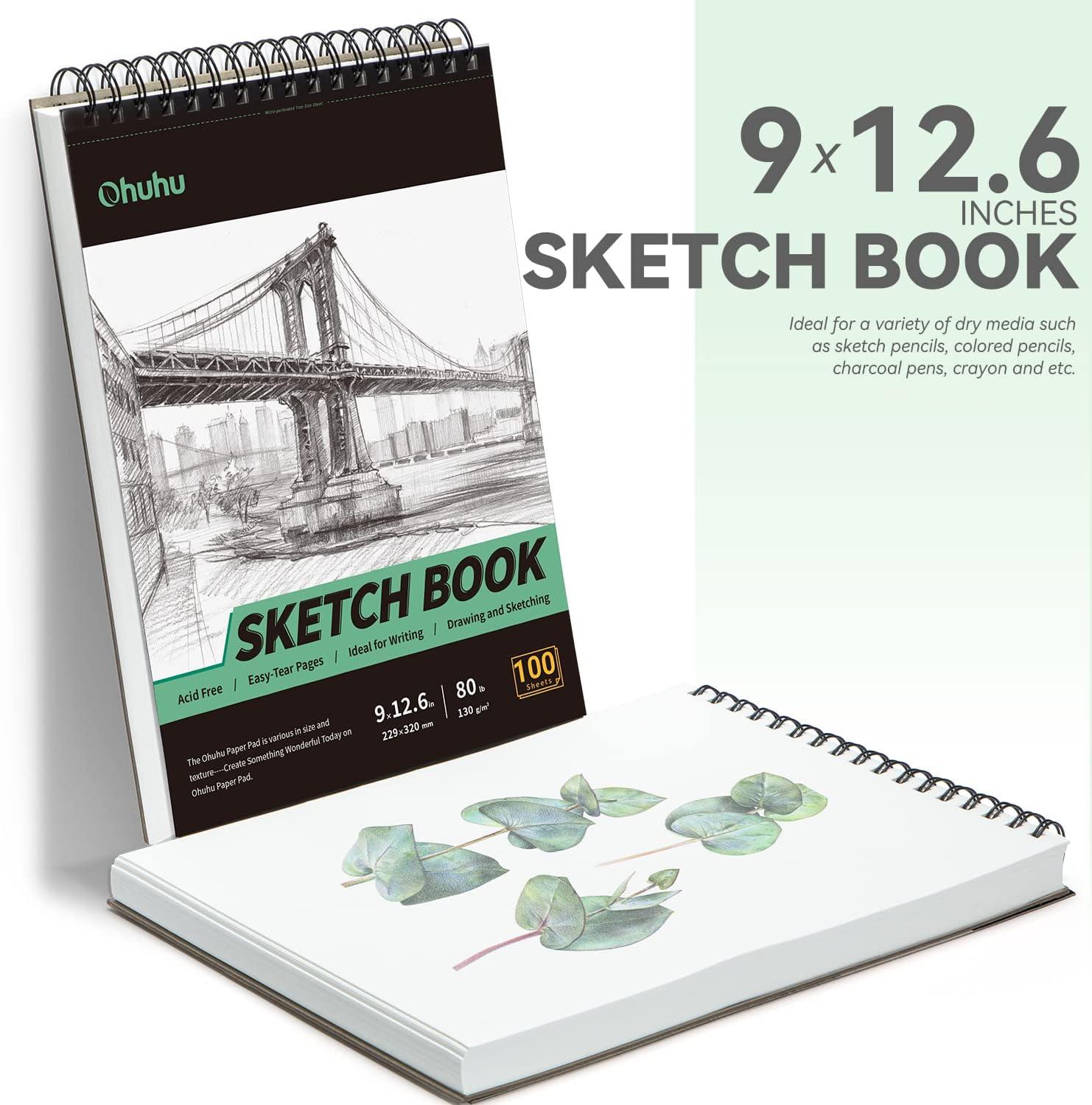 imageOhuhu 9x126 Sketch Book Premium Sketchbook 2 Packs x 100 Sheets 130 GSM 80 LB Thick Paper Spiral Bound AcidFree Sketch Pad for Sketching Drawing Colored Pencil Artists Beginners Adults Kids