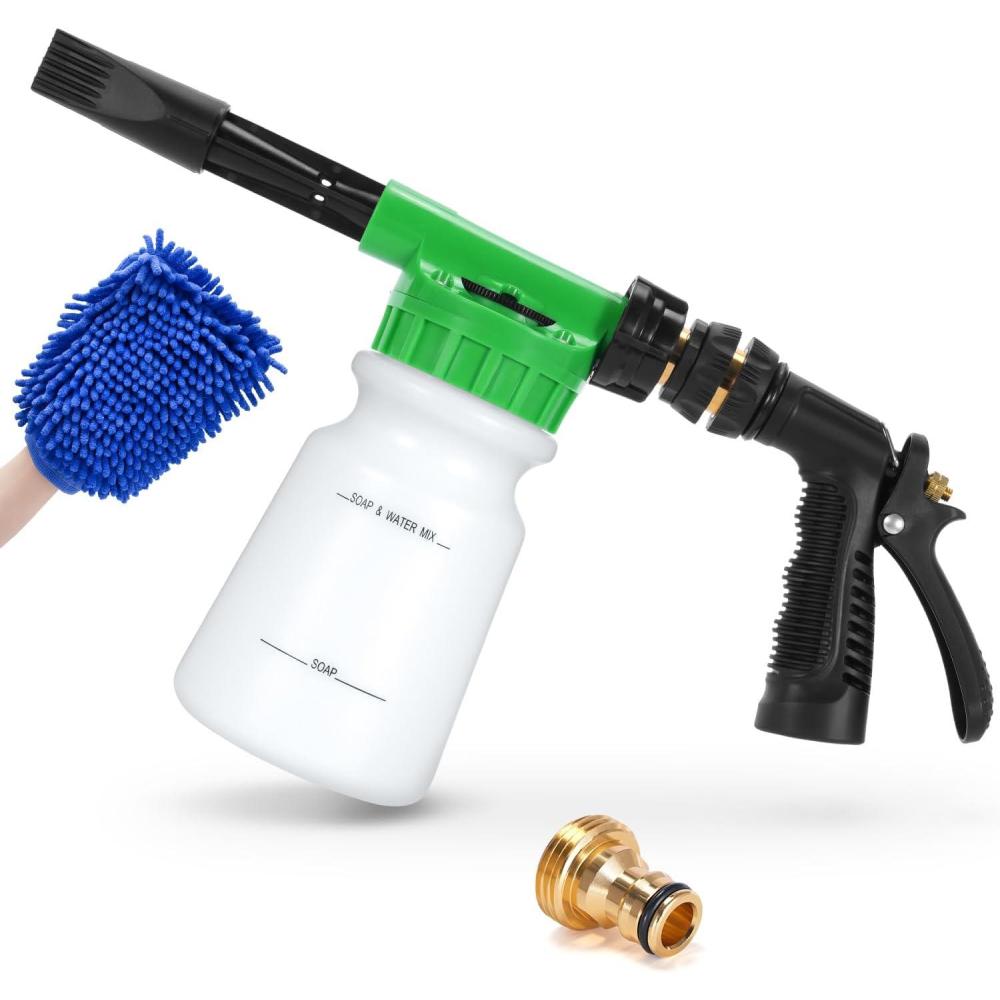 imageOhuhu Car Wash Foam Gun Soap Sprayer with 38 Connector amp Washing Mitts Dual Filtration 6 Levels of Foam Concentration Quick Connect to Most Garden Hose Green