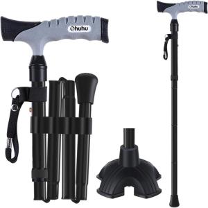 Folding Cane, Ohuhu Adjustable Foldable Walking Cane for Men, Women with 5 Adjustable Heights, Collapsible, Lightweight, Balancing Mobility Aid, Portable Hand Cane Walking Stick for Father Mother Gift