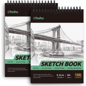 Ohuhu 9”x12.6” Sketch Book: Premium Sketchbook (2 Packs x 100 Sheets) 130 GSM (80 LB) Thick Paper Spiral Bound Acid-Free Sketch Pad for Sketching Drawing Colored Pencil Artists Beginners Adults Kids