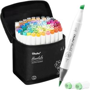 Ohuhu Alcohol Markers Brush Tip – AP Certificated Double Tipped Art Marker Set for Artist Adults Coloring Illustration- 72 Colors – Refillable – Chisel and Brush Dual Tips – Honolulu of Ohuhu Markers(Chisel & Brush)