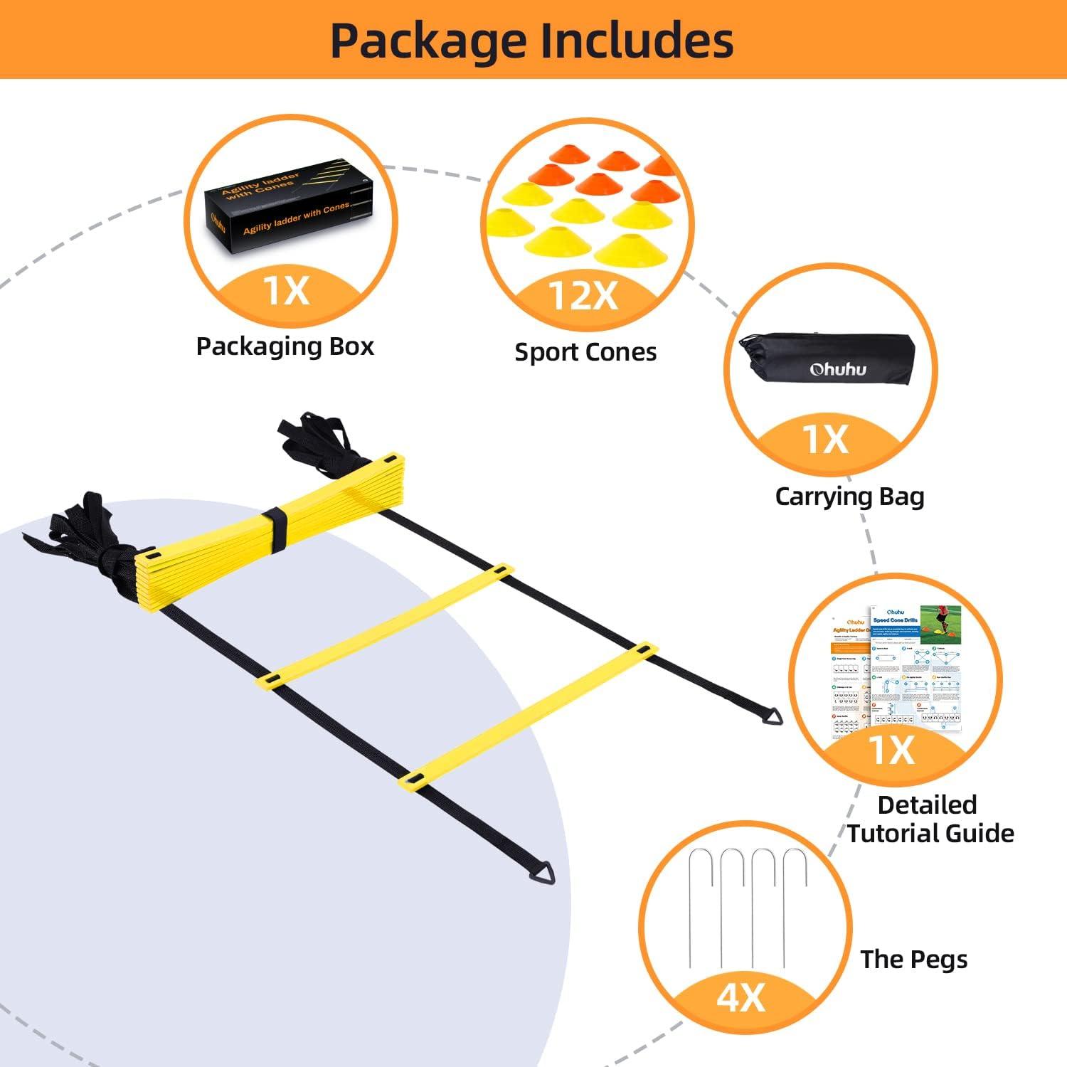 imageAgility Ladder Speed Training Set Ohuhu 12 Rung 20ft Soccer Training Equipment for Kids with 12 Cones 4 Steel Stakes Instruction Manual amp Carrying Bag for Football Exercise Sports Footwork Training