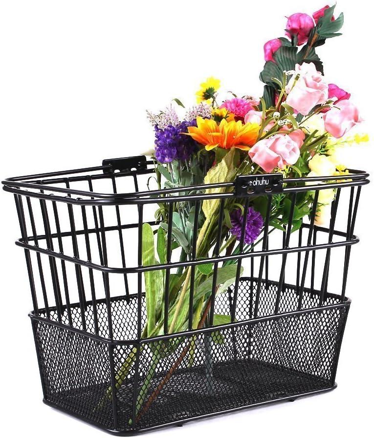 imageOhuhu Bike Basket RustProof Quick Release Front Handlebar Bicycle Lift Off Baskets with Holder Mesh Bottom Black 2 Pack