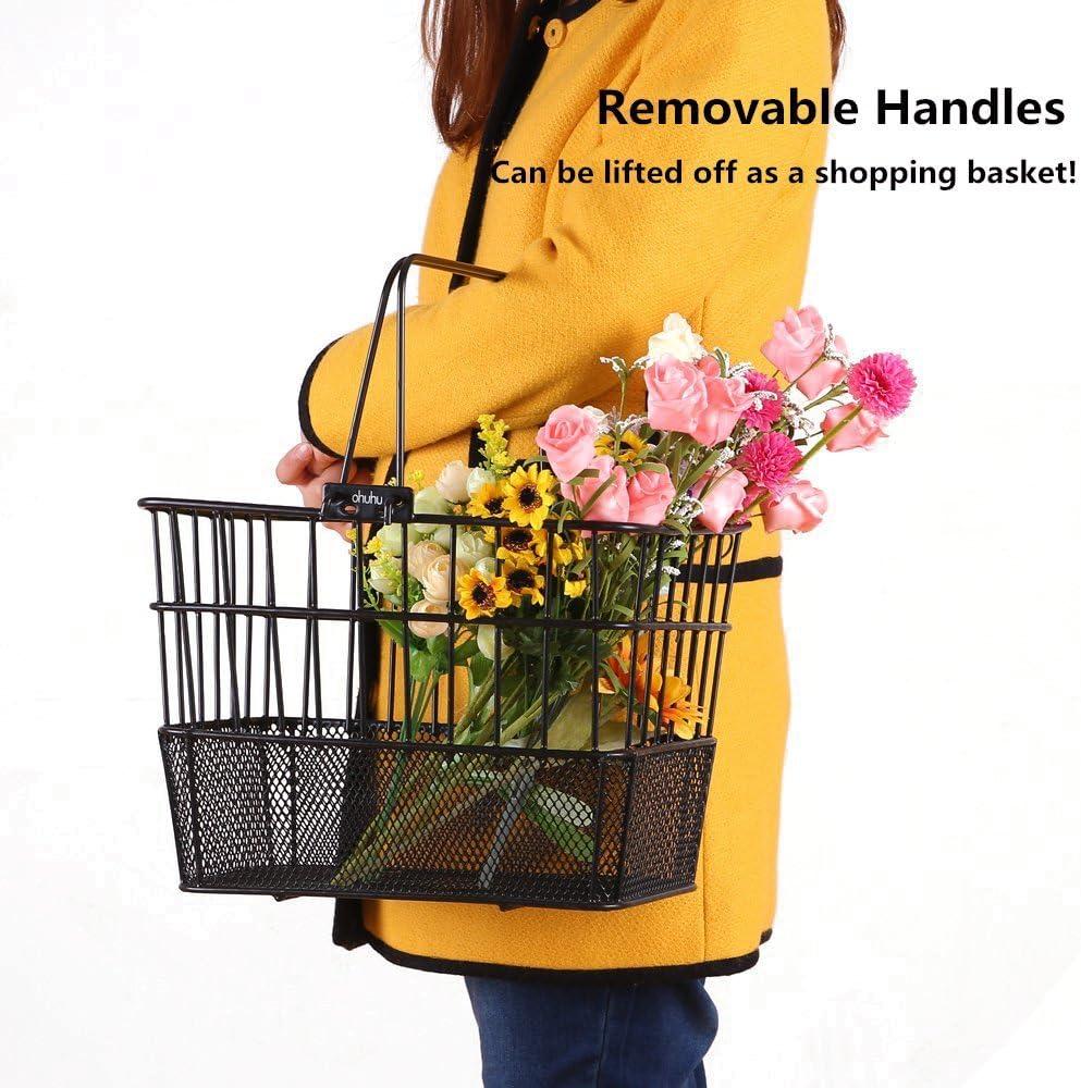 imageOhuhu Bike Basket RustProof Quick Release Front Handlebar Bicycle Lift Off Baskets with Holder Mesh Bottom Black 2 Pack