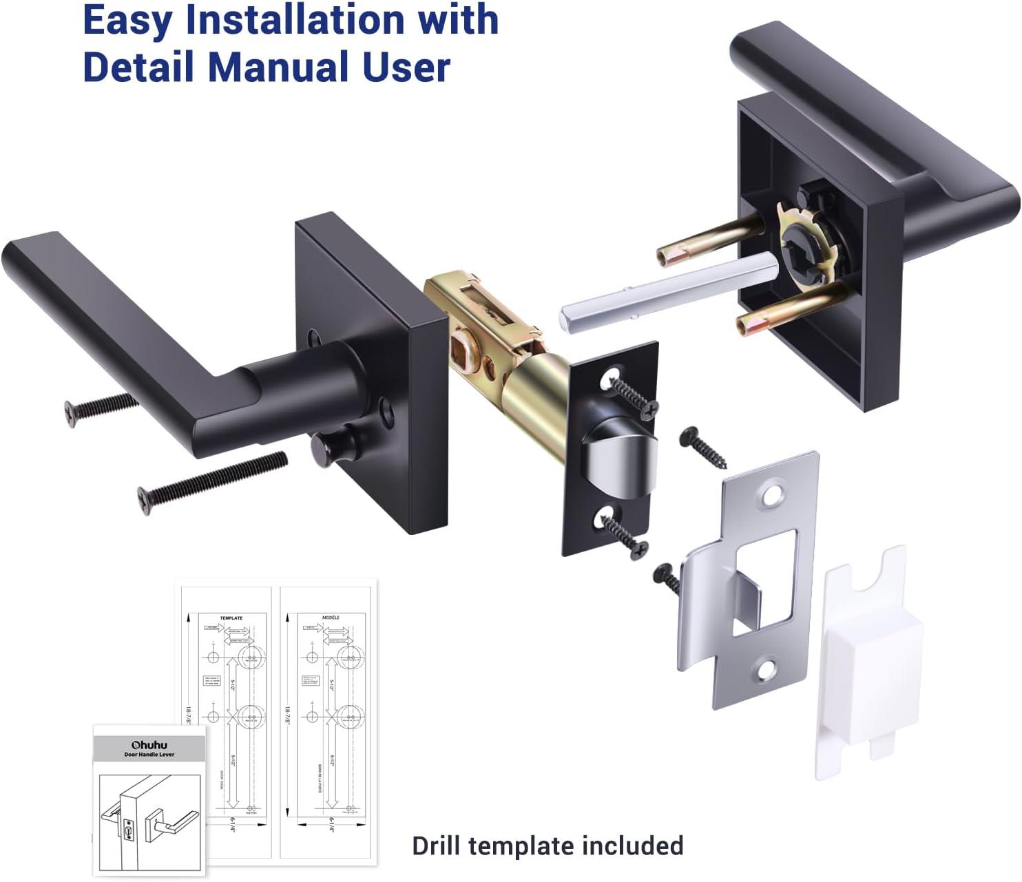 imageOhuhu Black Door Handle 6 Pack Door Knobs Interior Matte Heavy Duty Privacy Door Lever with Lock Square Modern Passage Locking Set Contemporary Reversible Keyless for Bedroom Bathroom Satin ZincBlack