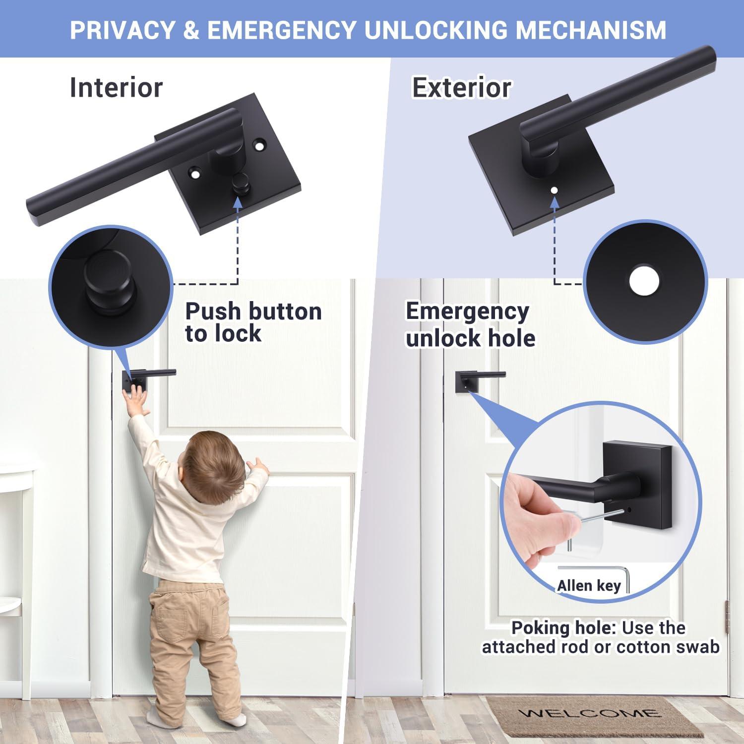 imageOhuhu Black Door Handle 6 Pack Door Knobs Interior Matte Heavy Duty Privacy Door Lever with Lock Square Modern Passage Locking Set Contemporary Reversible Keyless for Bedroom Bathroom Satin ZincBlack