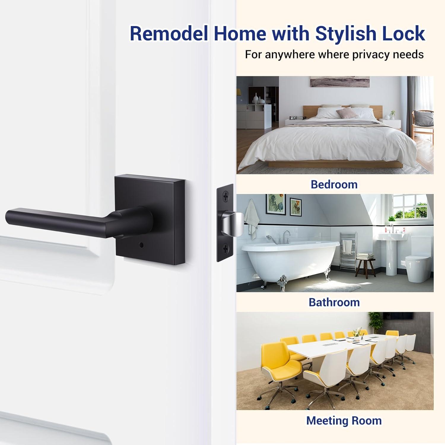 imageOhuhu Black Door Handle 6 Pack Door Knobs Interior Matte Heavy Duty Privacy Door Lever with Lock Square Modern Passage Locking Set Contemporary Reversible Keyless for Bedroom Bathroom Satin ZincBlack