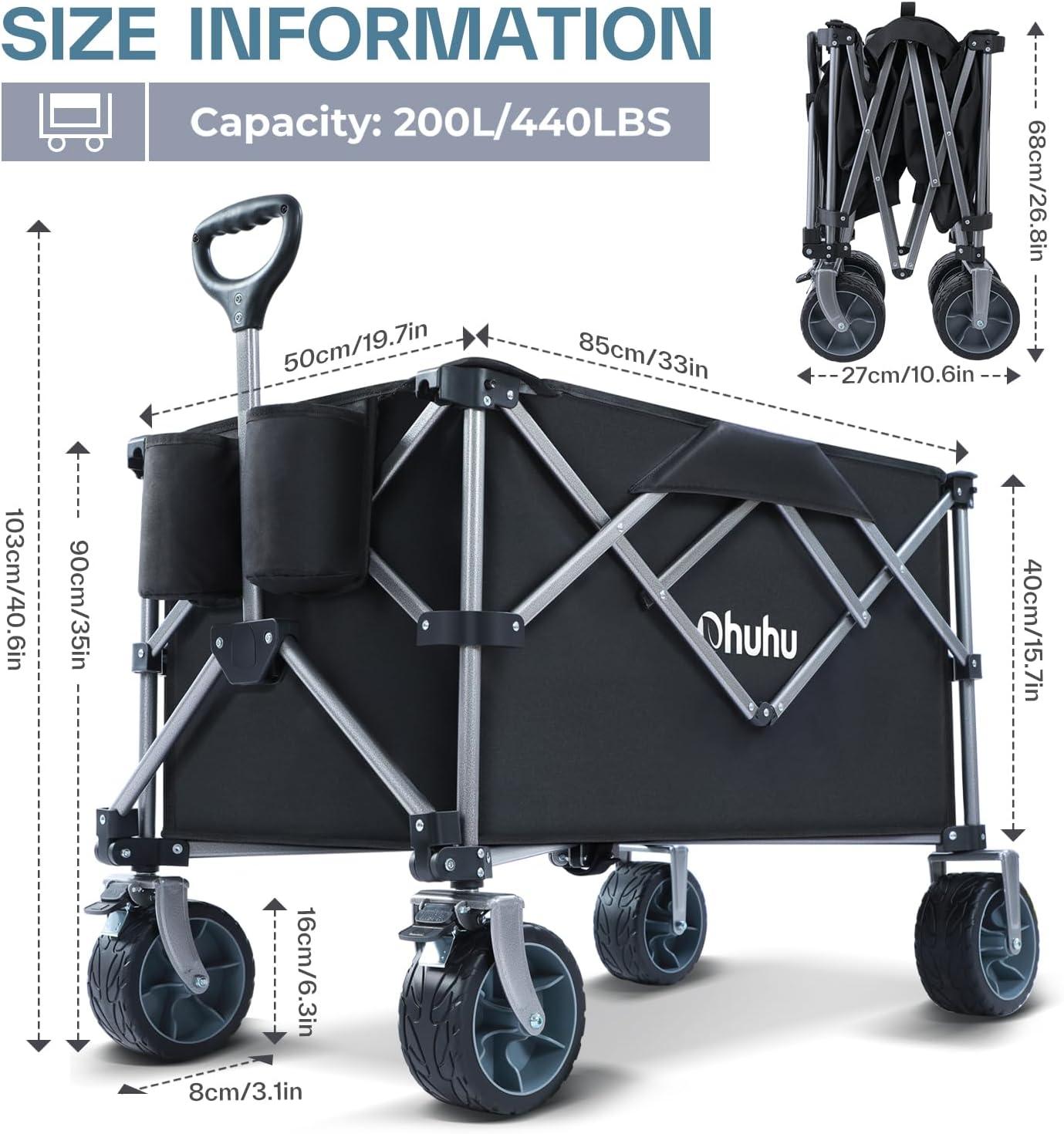 imageOhuhu Collapsible Wagon Cart with Big Wheels 200L440LB Capacity Foldable Beach Wagon for Sand Folding Utility Heavy Duty Garden Carts HeavyDuty Grocery Wagons for Sports Camping Picnic Shopping