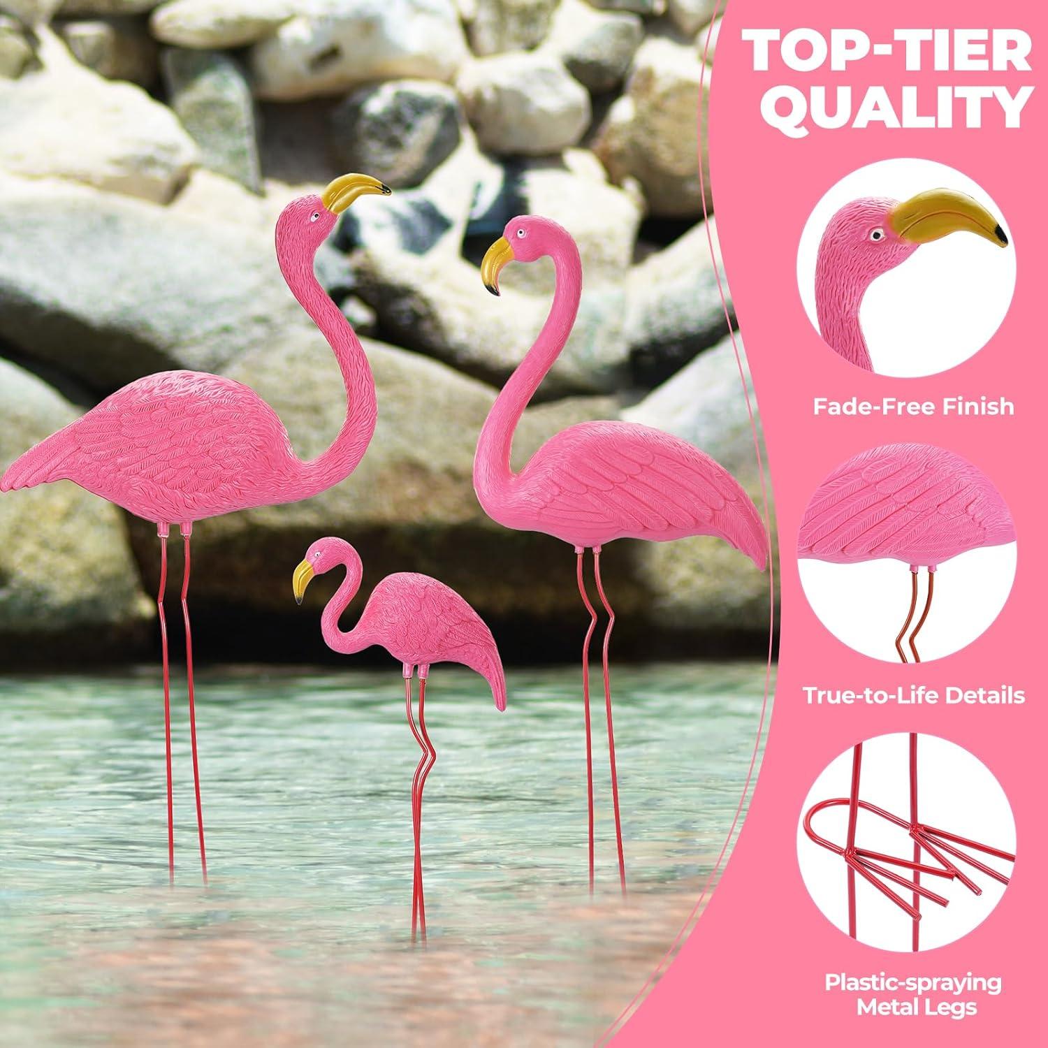 imageOhuhu Family Flamingo Yard Ornaments Set of 3 32 31 19 Bright Pink Flamingos Ornaments with Metal Feet Stakes for Garden Yard Patio Party Christmas Decoration Outdoor Decor Gardening