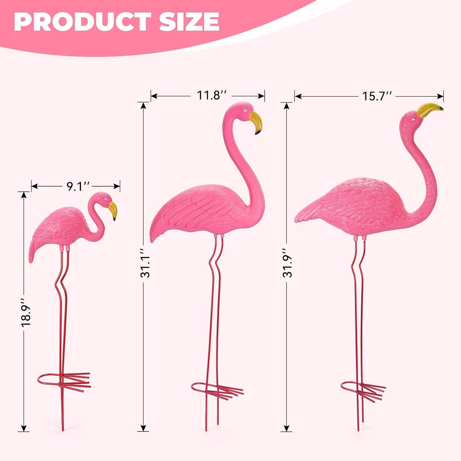 imageOhuhu Family Flamingo Yard Ornaments Set of 3 32 31 19 Bright Pink Flamingos Ornaments with Metal Feet Stakes for Garden Yard Patio Party Christmas Decoration Outdoor Decor Gardening