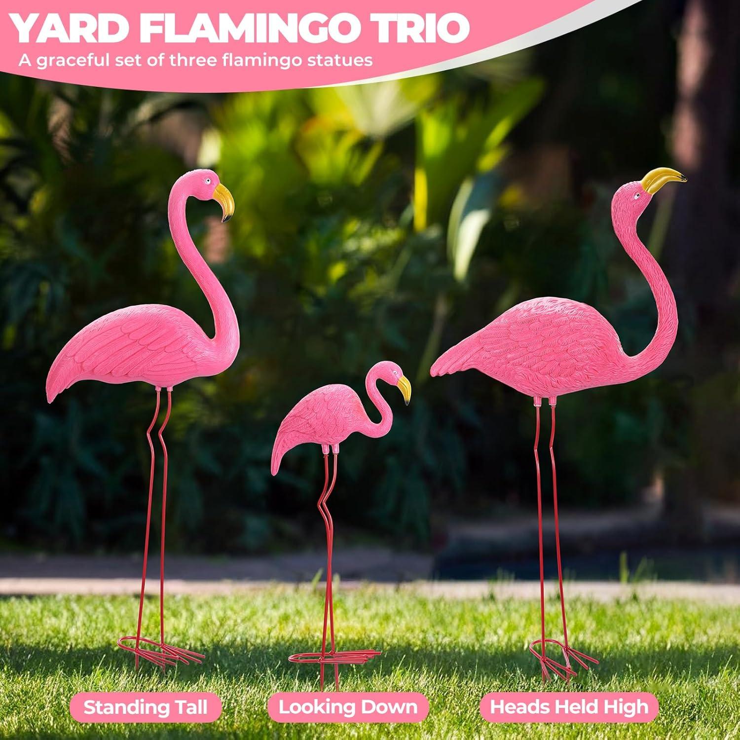 imageOhuhu Family Flamingo Yard Ornaments Set of 3 32 31 19 Bright Pink Flamingos Ornaments with Metal Feet Stakes for Garden Yard Patio Party Christmas Decoration Outdoor Decor Gardening