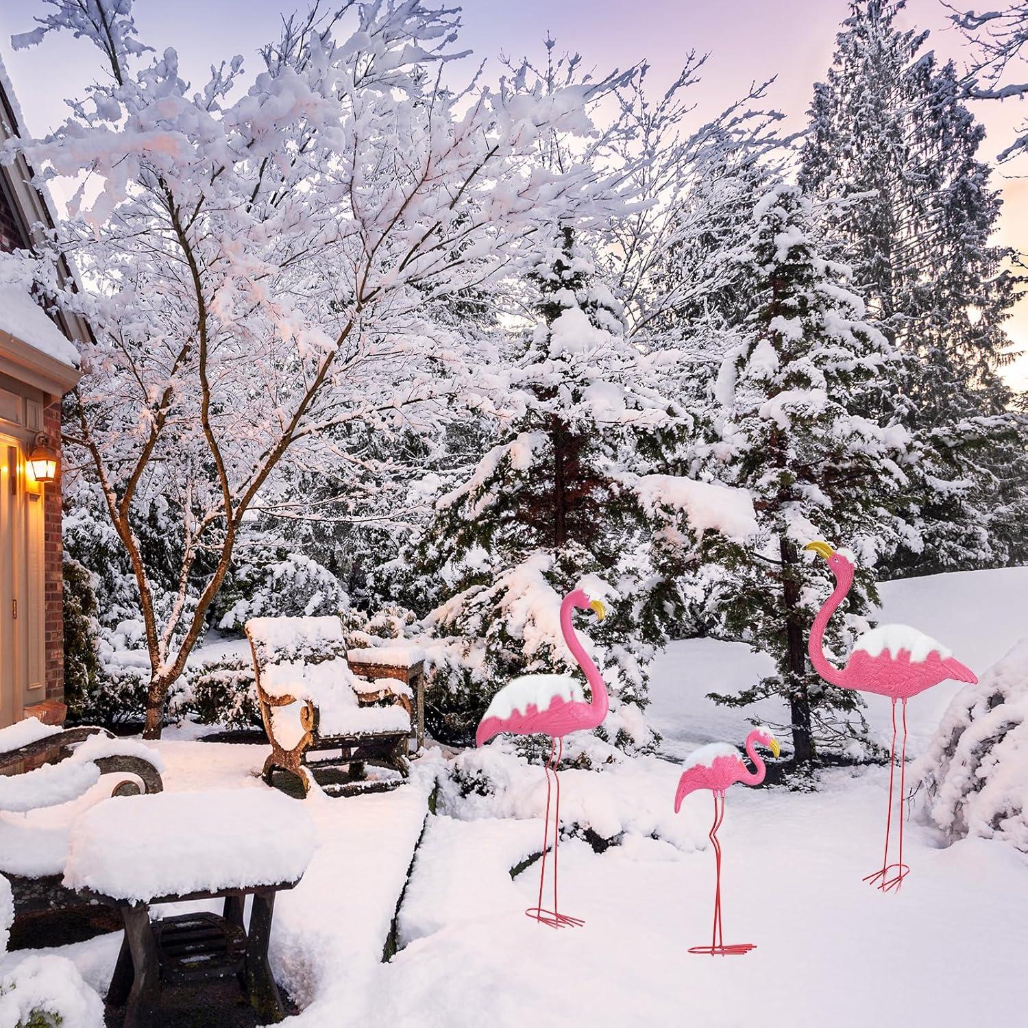 imageOhuhu Family Flamingo Yard Ornaments Set of 3 32 31 19 Bright Pink Flamingos Ornaments with Metal Feet Stakes for Garden Yard Patio Party Christmas Decoration Outdoor Decor Gardening