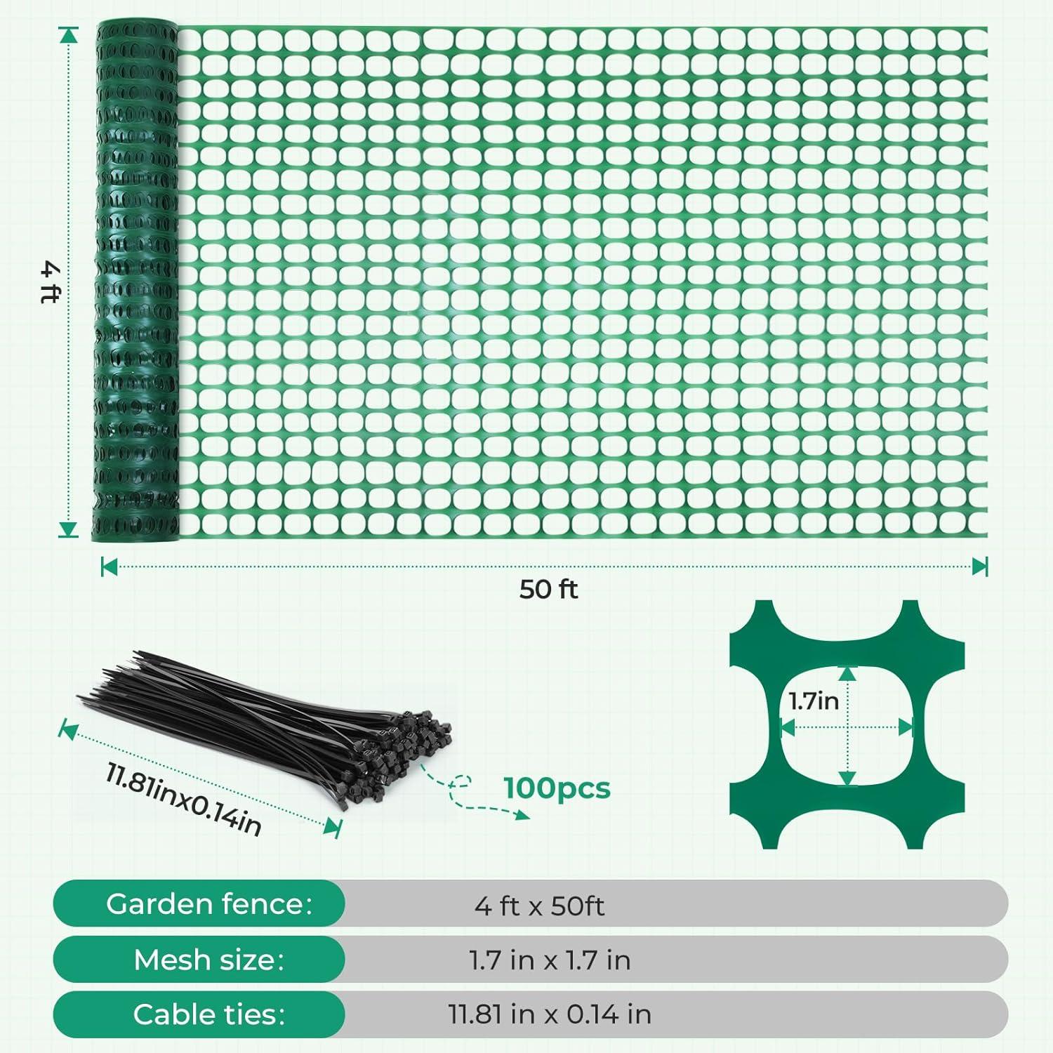 imageOhuhu Garden Fence Animal Barrier 4x50 Reusable Netting Plastic Safety Fence Roll with Zip Ties Temporary Pool Fence Snow Fence Construction Fencing for Poultry Deer Rabbits Chicken Dogs Green