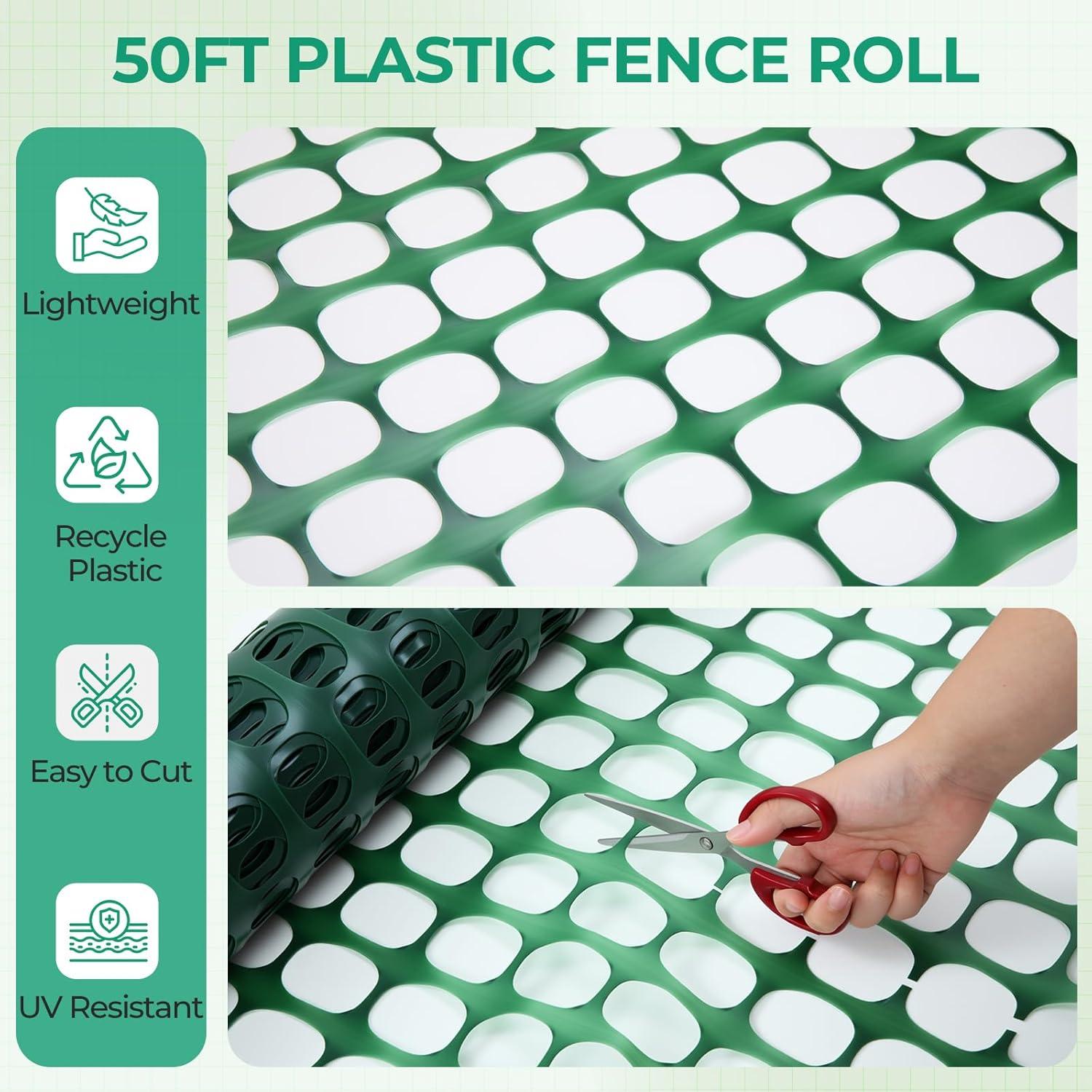 imageOhuhu Garden Fence Animal Barrier 4x50 Reusable Netting Plastic Safety Fence Roll with Zip Ties Temporary Pool Fence Snow Fence Construction Fencing for Poultry Deer Rabbits Chicken Dogs Green