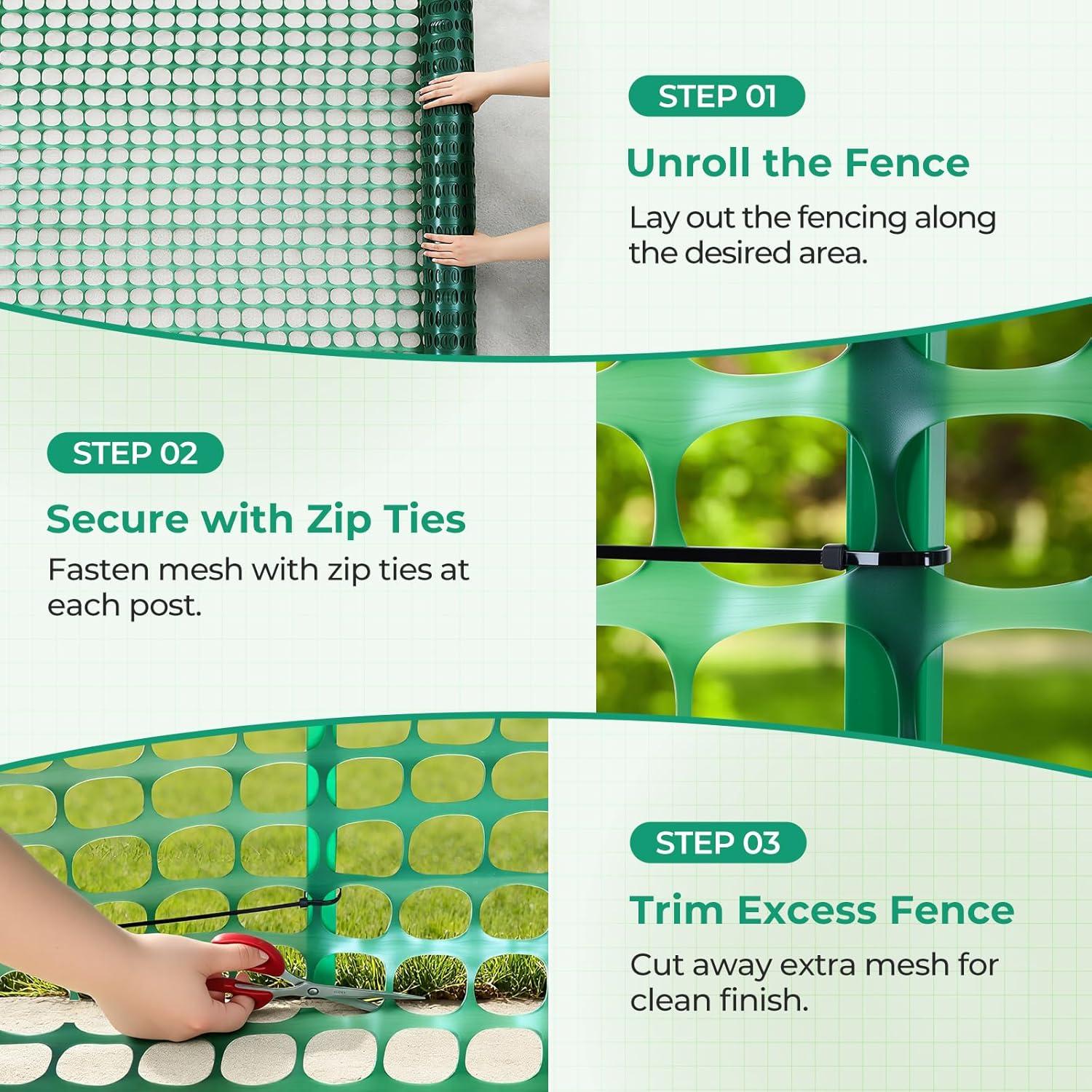 imageOhuhu Garden Fence Animal Barrier 4x50 Reusable Netting Plastic Safety Fence Roll with Zip Ties Temporary Pool Fence Snow Fence Construction Fencing for Poultry Deer Rabbits Chicken Dogs Green