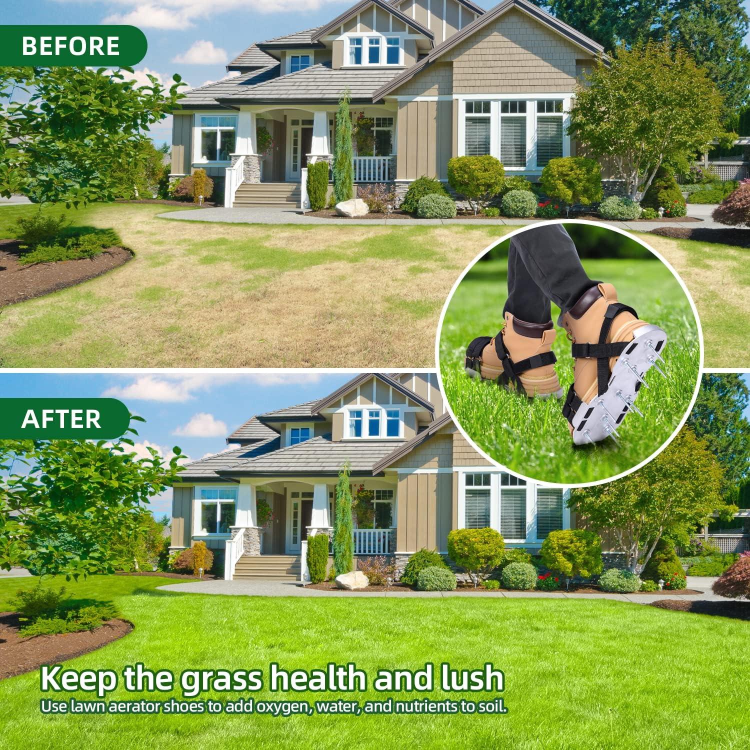 imageOhuhu Metal Lawn Aerator Shoes Upgraded Aluminum Aerating Shoe with 22 Durable Spikes FreeInstallation Spiked Sandals with Stainless Steel Shovel for Yard Patio Garden Grass