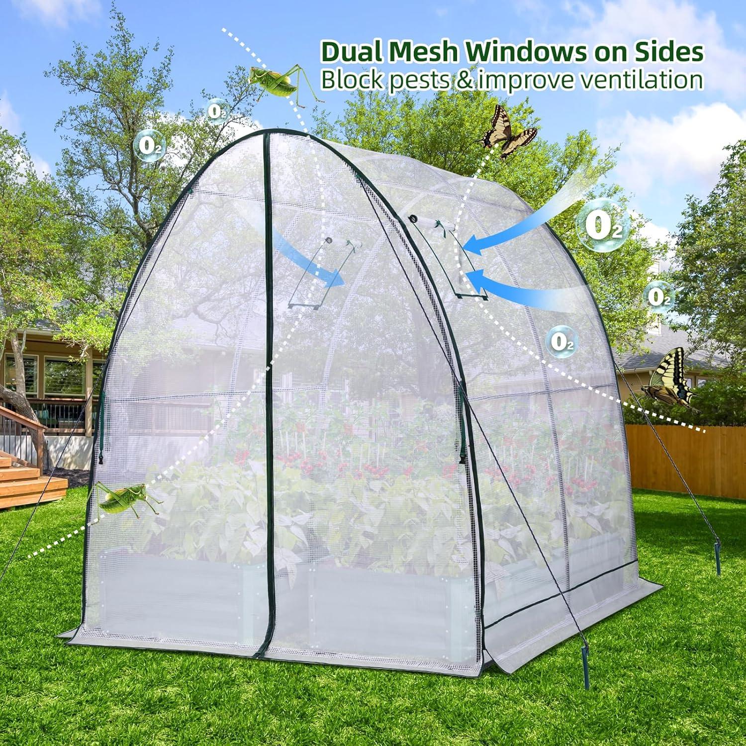 imageOhuhu Portable Tunnel Greenhouse Outdoor Heavy Duty Walk in Green House with Mesh Windows Durable Plastic PE Cover for Outside 59x59x66 FT WhiteWhite