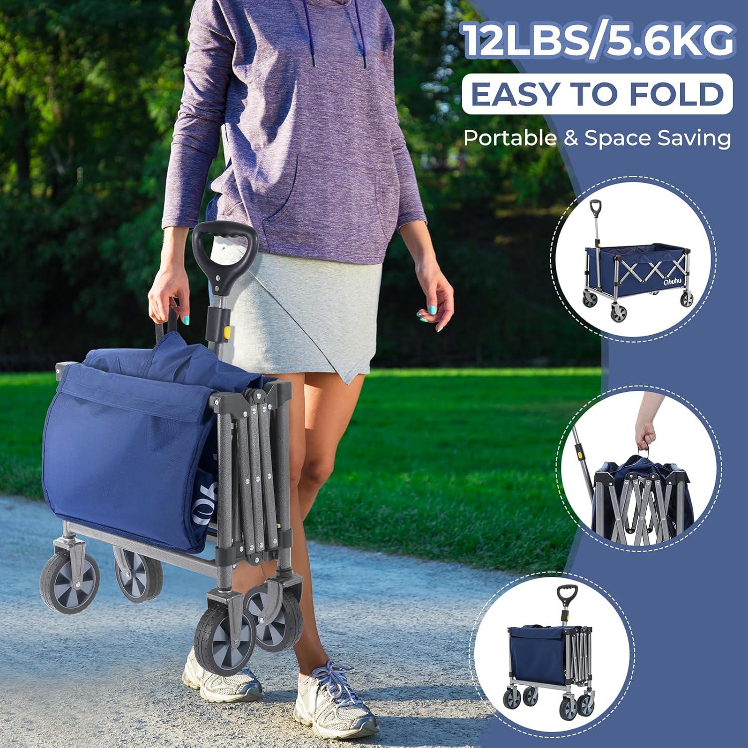 imageWagon Cart Foldable Utility Wagons Ohuhu Collapsible Folding Shopping Carts with Wheels 85L330 LB Capacity 600D Oxford Fabric HeavyDuty Portable Grocery Wagon for Sports Camping Picnic Garden