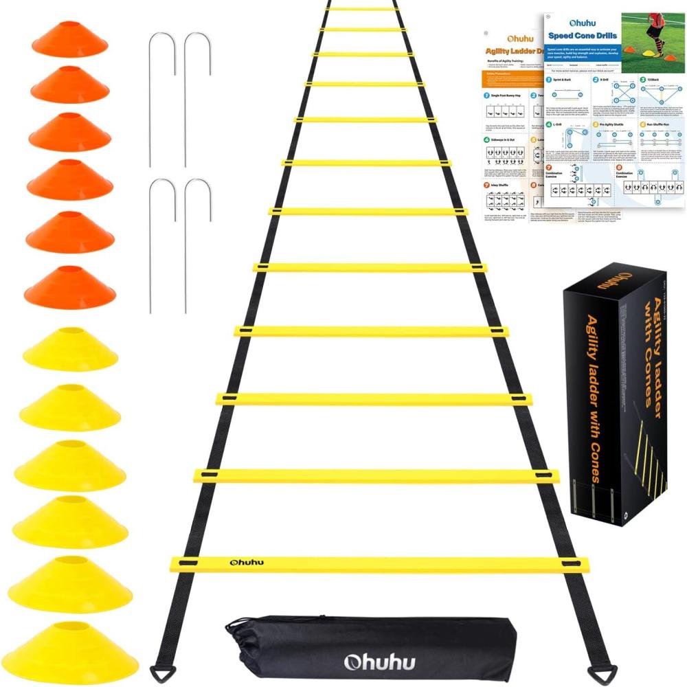 imageAgility Ladder Speed Training Set Ohuhu 12 Rung 20ft Soccer Training Equipment for Kids with 12 Cones 4 Steel Stakes Instruction Manual amp Carrying Bag for Football Exercise Sports Footwork Training