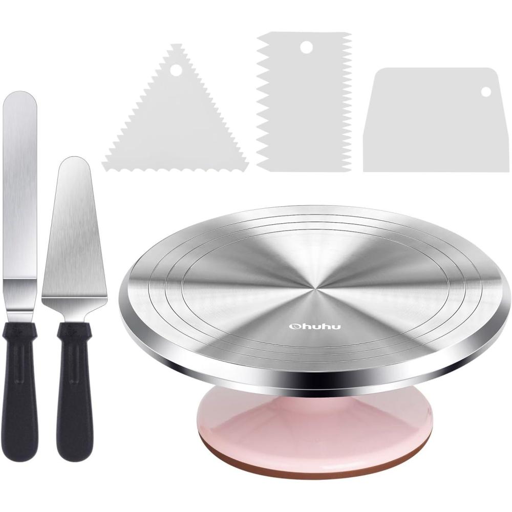 imageCake Turntable Ohuhu Aluminium 12 Cake Decorating Kit Supplies Rotating Stand Revolving Spinner with 2 Icing Spatula 3 Comb Smoother Perfect GiftsPink