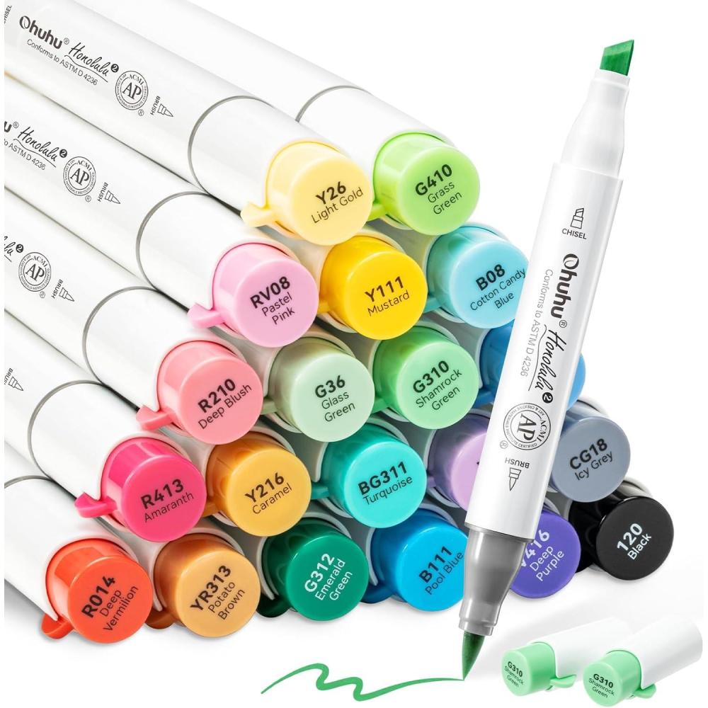 imageOhuhu Alcohol Markers Brush Tip AP Certificated 24 Basic Colors Double Tipped Alcohol Based Art Marker Set for Artist Sketching Adult Coloring Illustration  Brush and Chisel Dual Tips  Honolulu 2