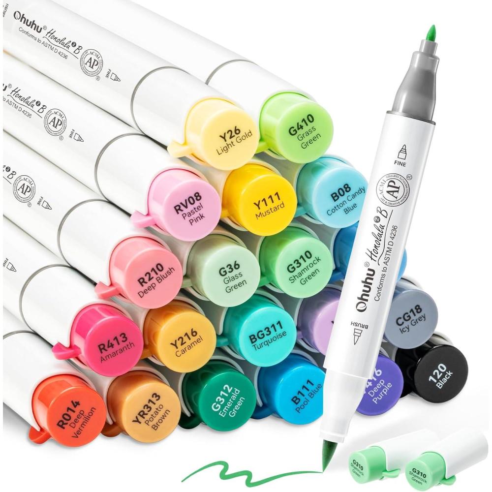 imageOhuhu Alcohol Markers Brush Tip AP Certificated 24 Basic Colors Double Tipped Alcohol Based Art Marker Set for Artist Sketching Adult Coloring Illustration  Brush amp Fine Dual Tips  Honolulu 2B