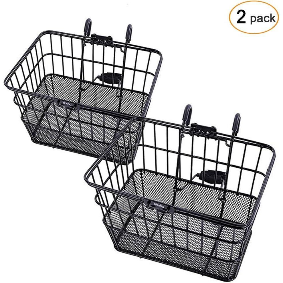 imageOhuhu Bike Basket RustProof Quick Release Front Handlebar Bicycle Lift Off Baskets with Holder Mesh Bottom Black 2 Pack