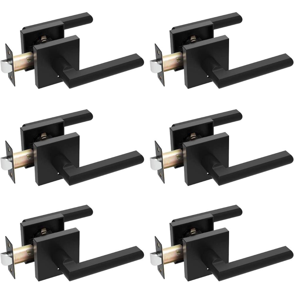 imageOhuhu Black Door Handle 6 Pack Door Knobs Interior Matte Heavy Duty Privacy Door Lever with Lock Square Modern Passage Locking Set Contemporary Reversible Keyless for Bedroom Bathroom Satin ZincBlack