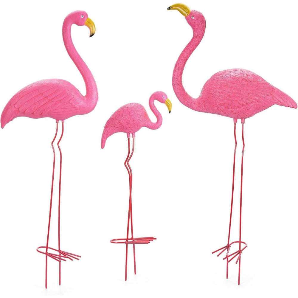 imageOhuhu Family Flamingo Yard Ornaments Set of 3 32 31 19 Bright Pink Flamingos Ornaments with Metal Feet Stakes for Garden Yard Patio Party Christmas Decoration Outdoor Decor Gardening