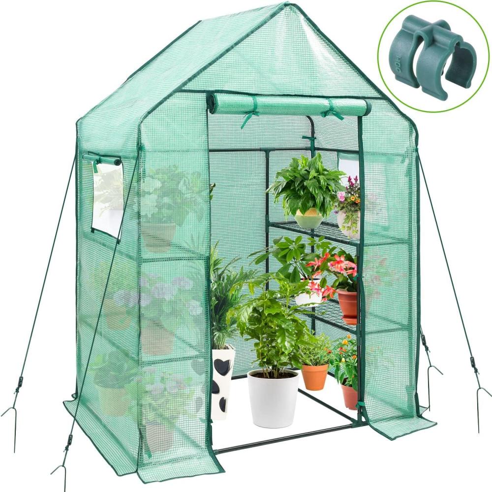 imageOhuhu Greenhouse for Outdoors with Screen Windows 57 x 57 x 76 Walk in Plant Greenhouses Heavy Duty with Durable PE Cover 3 Tiers 12 Shelves Stands Plastic Portable Green House with Shelf ClipsGreen PE Cover