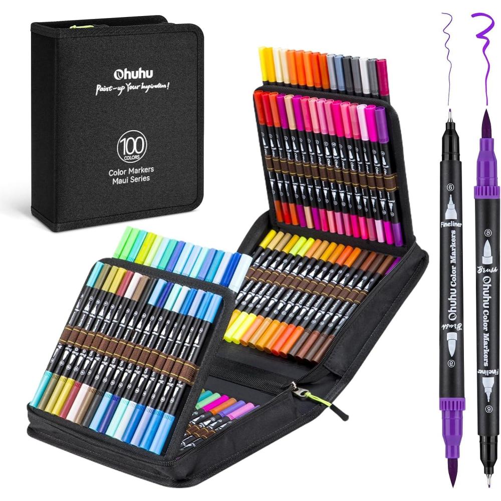 imageOhuhu Markers for Adult Coloring Books No Bleeding 160 Colors Waterbased Dual Tips Fineliner amp Brush Coloring Markers for Kids Adults Beginners Drawing Pens for Journaling Lettering  Maui  BlackBlack Pen