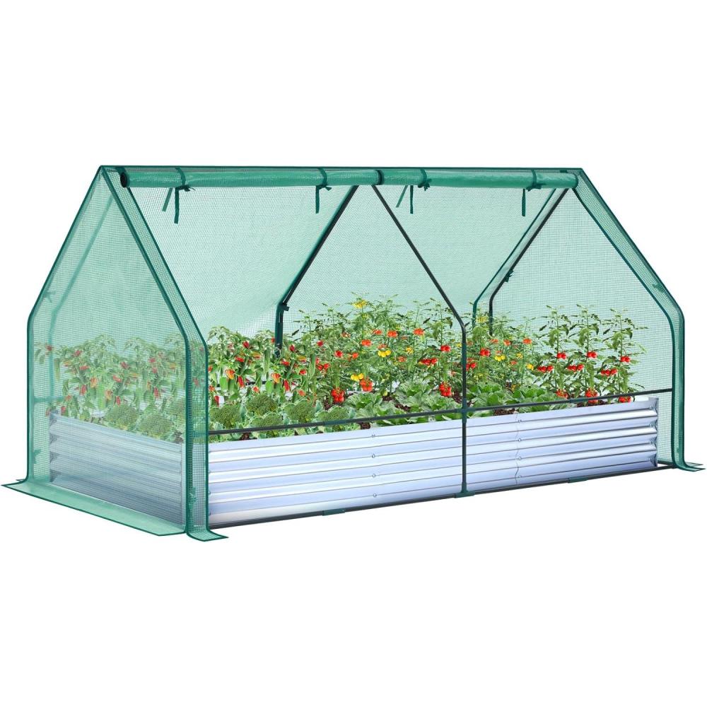 imageOhuhu Raised Garden Bed with Greenhouse 8x4x1 FT Galvanized Metal Planter Box with PE Cover 4 Doors for Ventilation 3in1 Gardening Set for Vegetable Flower Herb Succulent8x4x1ft  PE